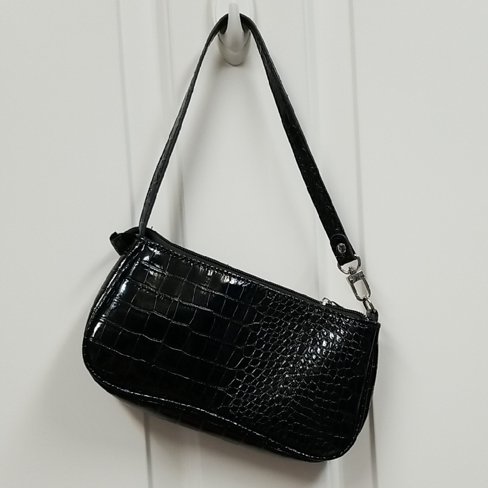 Elegant Black Patent Crocodile-Embossed Shoulder Bag NWOT